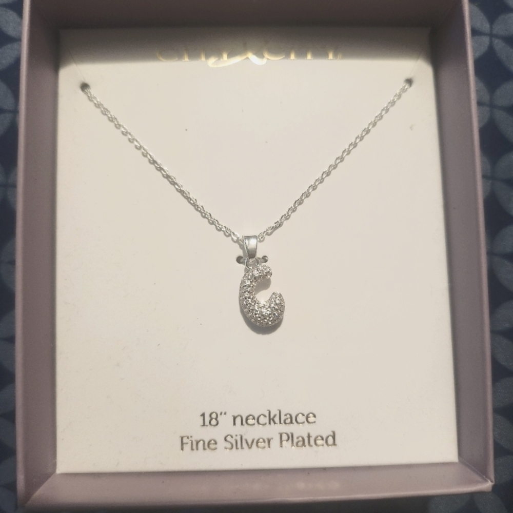 Initial Bubble Letter C 18" Fine Silver Plated Necklace